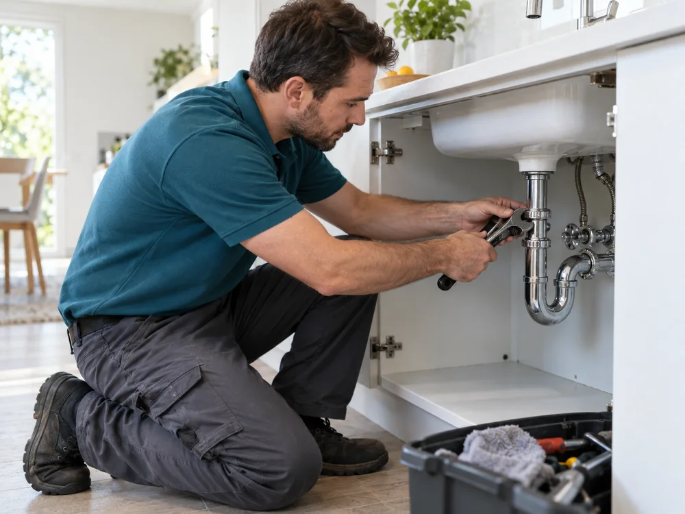 A plumber repairing pipes under a kitchen sink